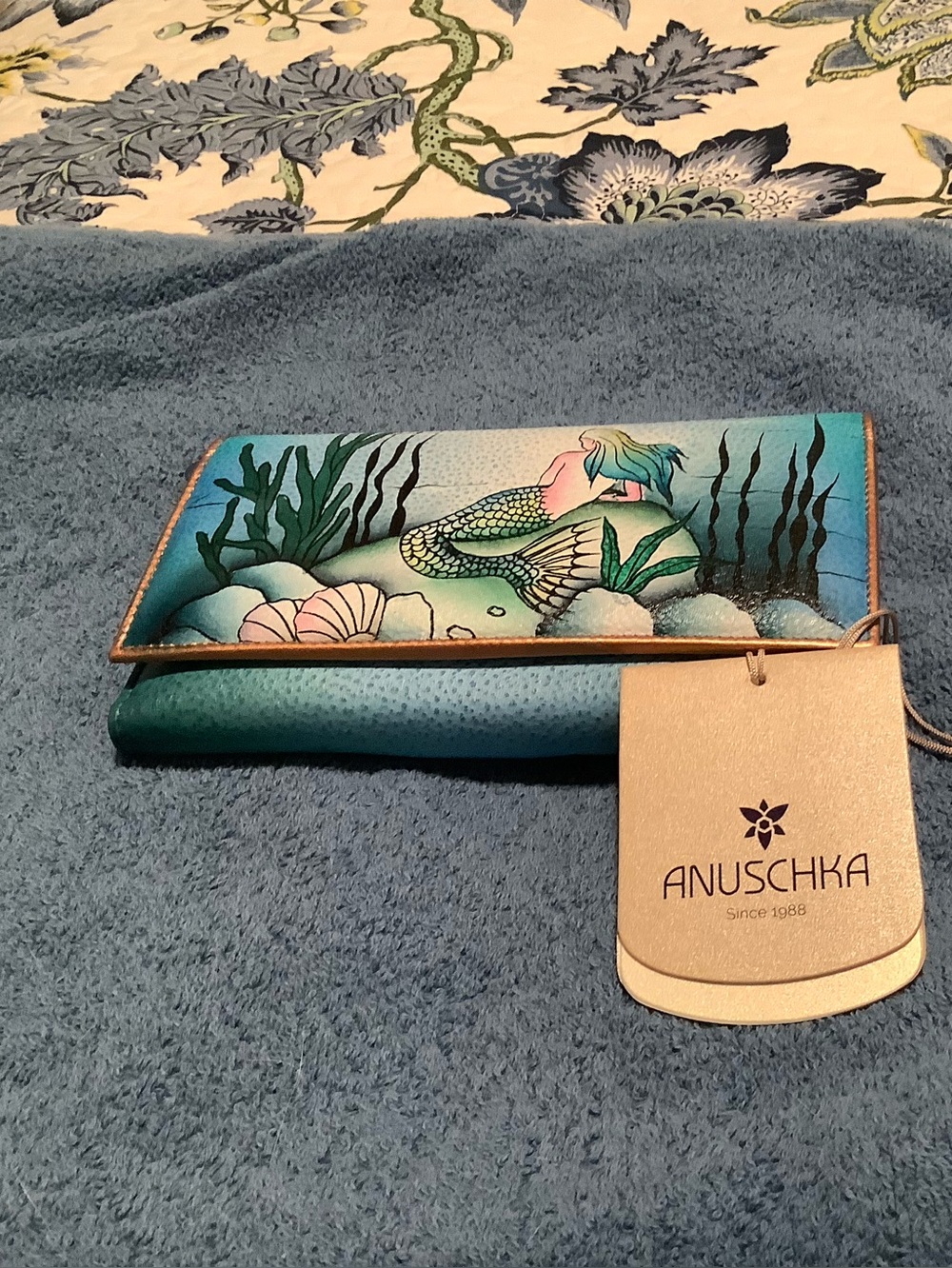 Anuschka Teal & Green Mermaid Painted Leather Card Holder